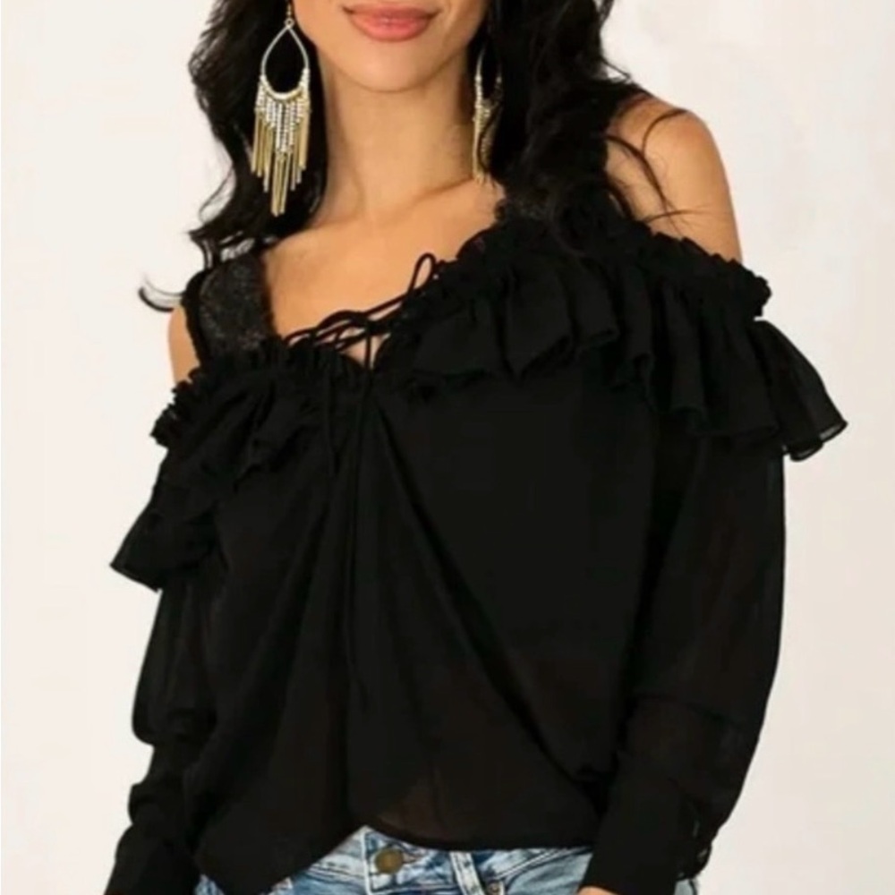 MIA JOY Black Ruffle Off-Shoulder Blouse